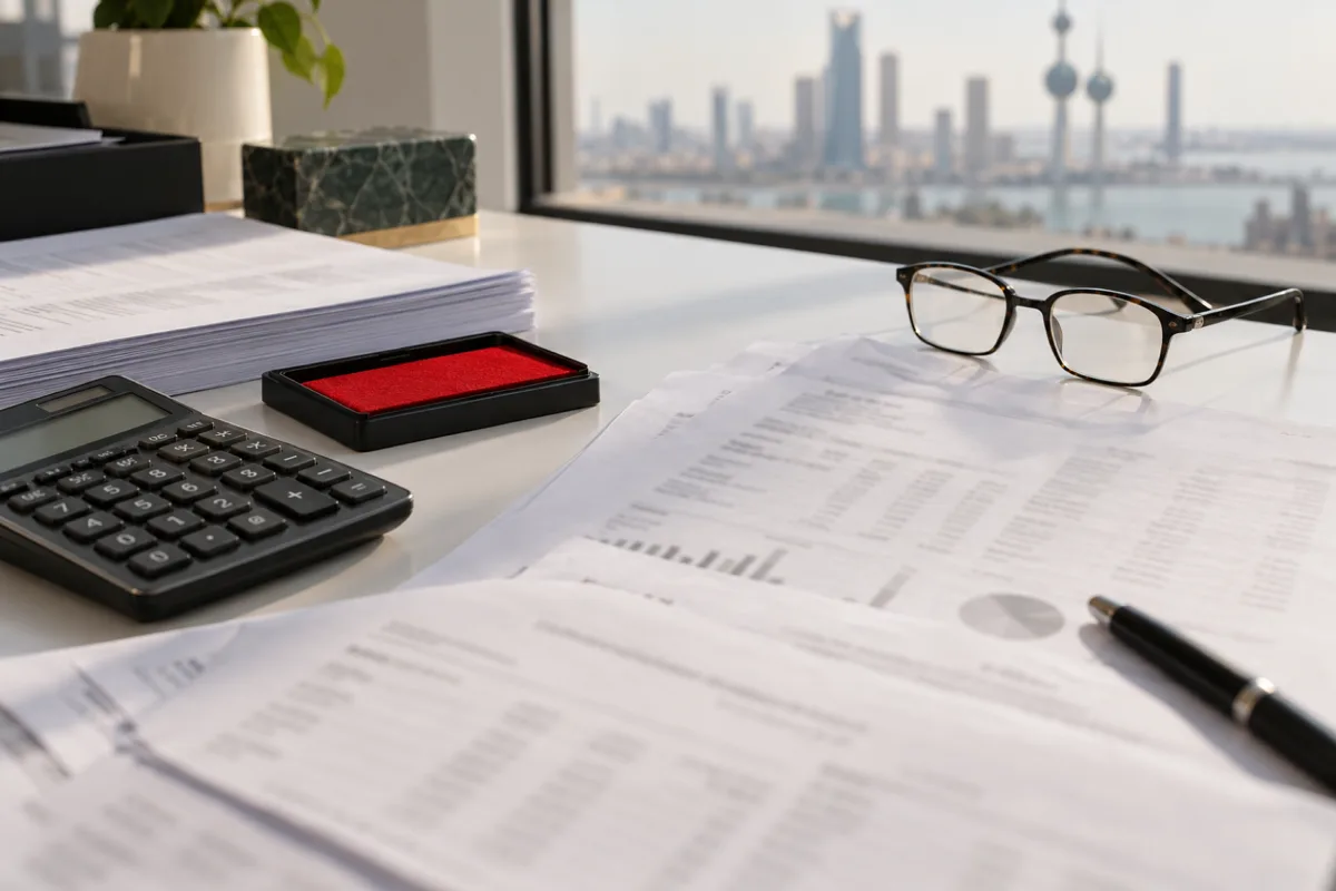 Printed financial statements fanned out on a white desk with a calculator, reading glasses and a red stamp pad