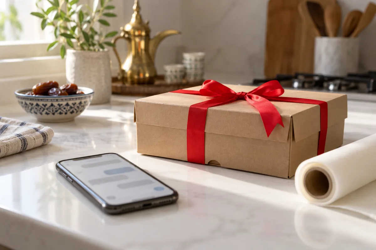 A phone on a white kitchen counter beside a packed food order box tied with a red ribbon