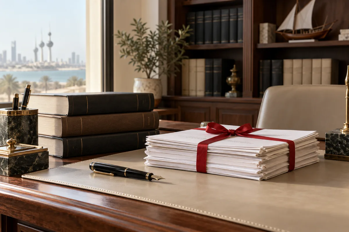 A law office desk with bound volumes, case papers tied with a red ribbon and a fountain pen