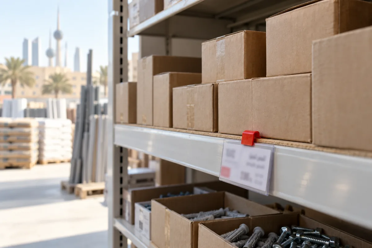 A hardware-shop shelf of plain boxes with one printed price label and a small red clip