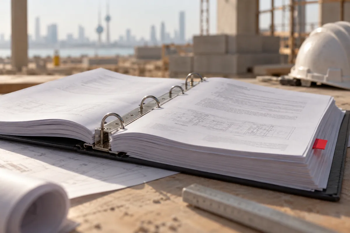 A thick tender binder open on a site desk with one red index tab and a hard hat behind